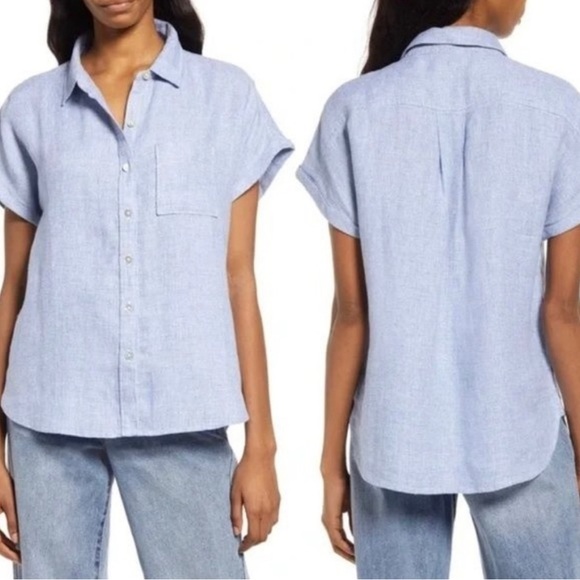 FAHERTY Avery Short Sleeve Organic Cotton Button-up Shirt Blue Basket Weave L - Picture 3 of 8